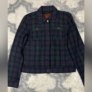 Lauren Ralph Lauren Tartan Denim Jean Jacket Womens LG Green Plaid Cotton